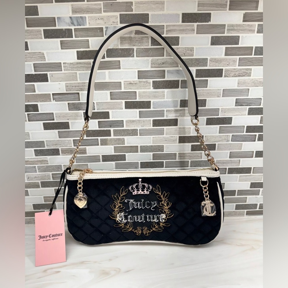Juicy Couture Royal Moment Shoulder Bag - Quilted Velvet, Black/Crystal, New